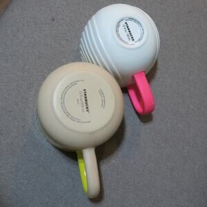 Starbucks Pair 2 Mugs White Rainbow Valentine Terracotta Yellow Blue Speckled